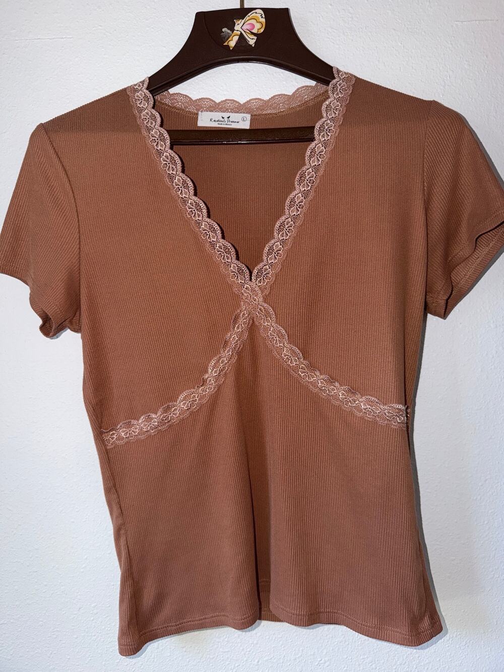 Y2K Baby Doll Top Lace Trim Ribbed Dusty Rose V-Neck Romantic Short Sleeve Large